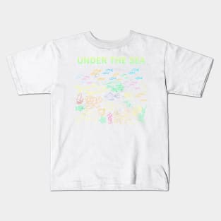 under the sea,blue sea,sea creatures,Turtle, puffer fish, starfish, shrimp, shark, tropical fish, sea horse, seaweed, sardines, squid, crabs, clams Kids T-Shirt